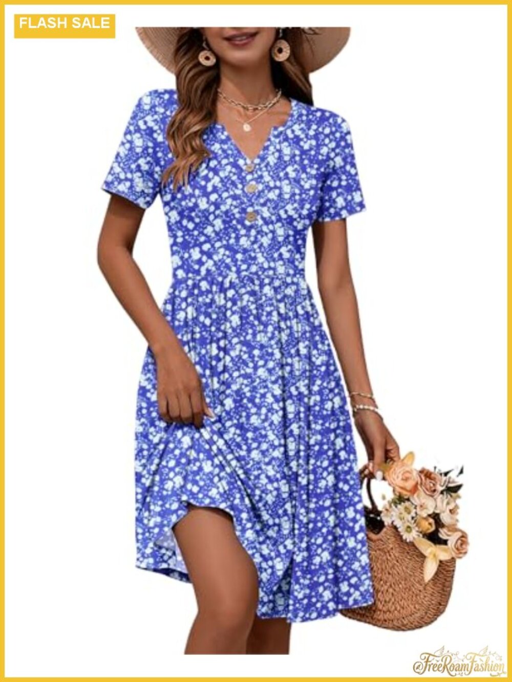 Women's V-Neck Button Down Midi Summer Dress with Pockets